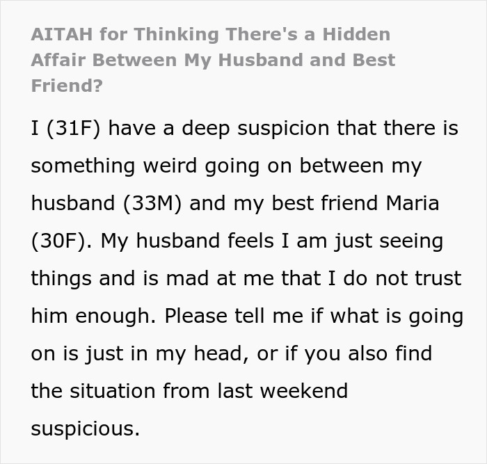 Text-based post discussing suspicion of a hidden affair between husband and best friend after hearing moaning.