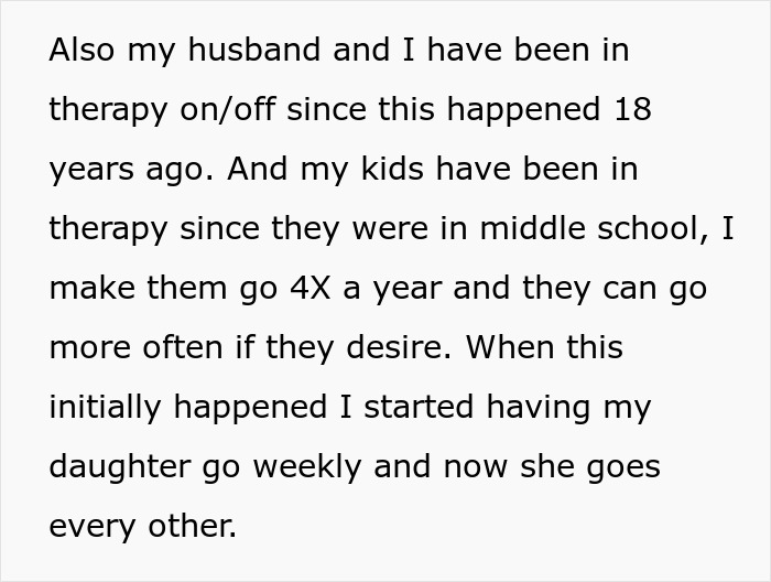 Text about family therapy and impact after MIL secretly DNA tested grandkid, causing trust issues and emotional strain within family.