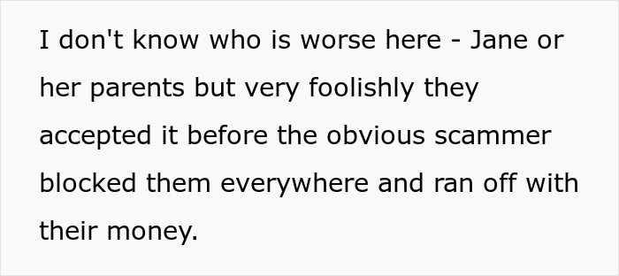 Text post describing a jobless 36-year-old dragging parents into competition with her PhD cousin, losing their life savings.