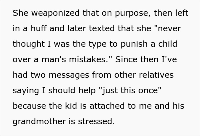 Text excerpt describing harassment faced by woman asked to watch ex&rsquo;s nephew despite breakup and expectations of freedom.