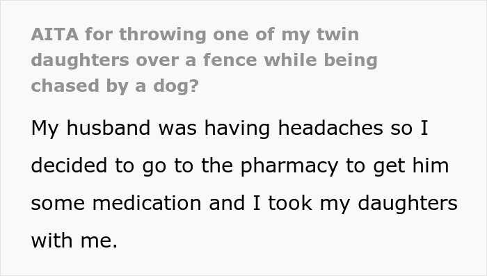 Alt text: Woman with wife and twin girls near a fence while being chased by a dog in a tense outdoor moment