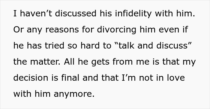 Text showing a woman shares her decision to end marriage after uncovering husband&rsquo;s affair, refusing further discussion.