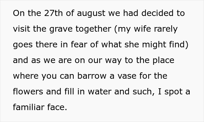 Text describing a man visiting his daughter's grave, troubled by a secret enemy vandalizing and leaving vile letters.