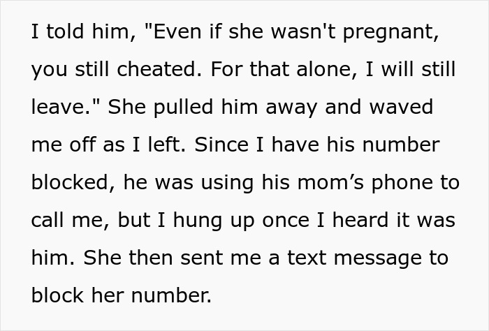 Woman confronts boyfriend and pregnant mistress in front of coworkers, addressing infidelity and blocking contact.