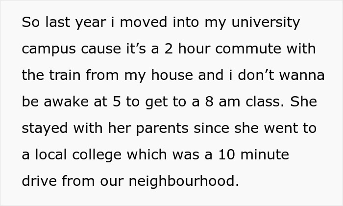 Text excerpt about a university campus move and local college commute, related to relationship and family conflict.