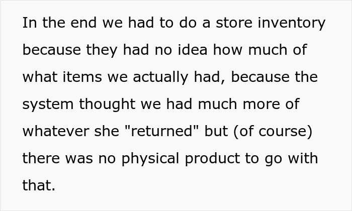 Text excerpt explaining store inventory confusion due to office bully&rsquo;s theft and false returns exposed.