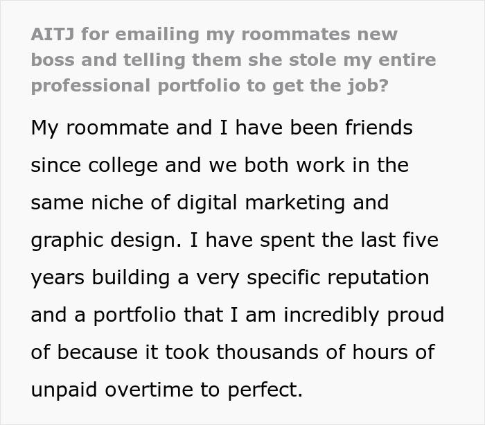 Text excerpt about emailing roommates and new boss stole portfolio in a digital marketing and graphic design context.