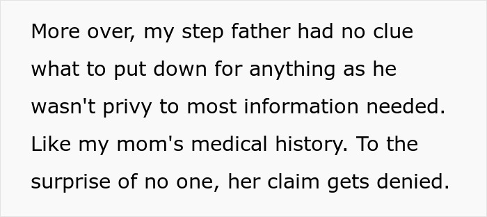 Text excerpt discussing challenges with family communication and complications related to mom&rsquo;s medical history and claims.