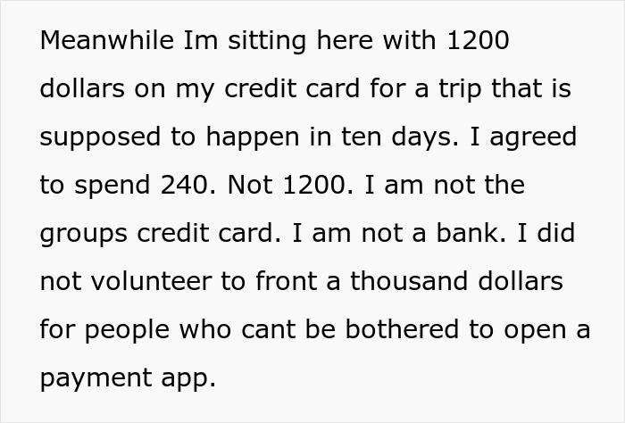 Alt text: Person frustrated over freeloaders treating a generous friend like an ATM during a vacation money dispute.