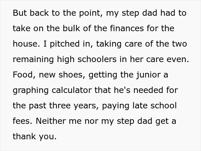 Text excerpt about family finances and challenges, highlighting mom work drama and relationship struggles within family.