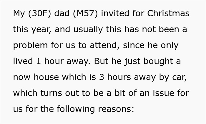 Text excerpt discussing travel distance changes caused by a man impacting family holiday attendance and relationships.