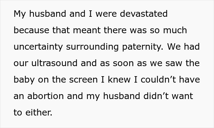 Text about paternity uncertainty during an ultrasound, relating to MIL secretly DNA testing grandkid issues.