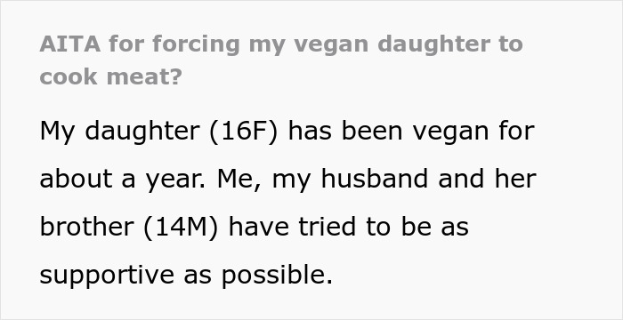 Screenshot of a forum post discussing a mom forcing her vegan teen to cook meat to teach a lesson on wasting food.