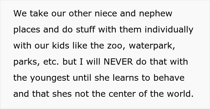 Text discussing a family avoiding special treatment for a misbehaving niece to encourage better behavior and responsibility.