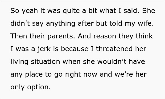 Text discussing a tense and rude relationship involving threats about a baby&rsquo;s living situation and family conflicts.
