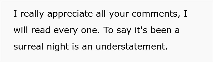Text excerpt expressing gratitude for comments and describing the night as surreal and impactful.