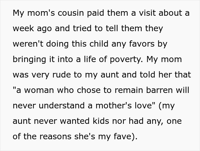 Text excerpt discussing delusional parents viewing their sixth baby as a miracle, affecting their teen daughter's education sacrifices.