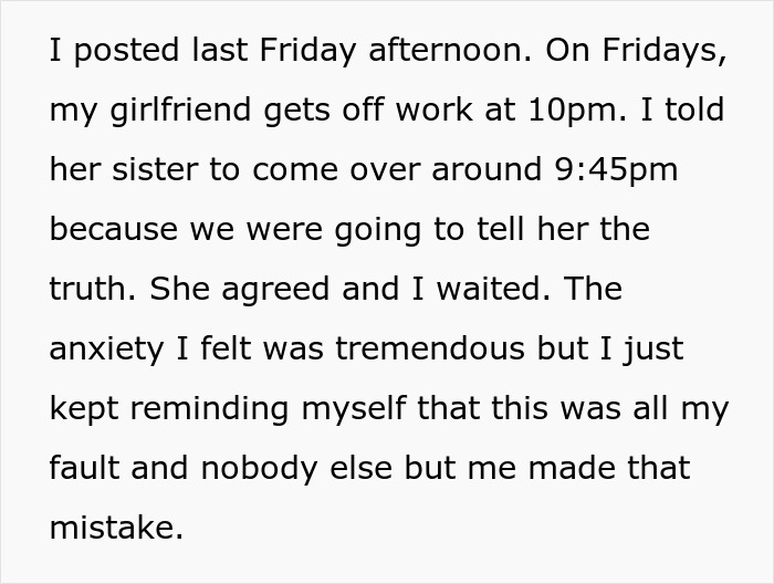 Text post describing a man preparing to confess to his girlfriend and her sister after cheating, planning to teach him a lesson. Text post describing a man preparing to confess to his girlfriend and her sister after cheating, planning to teach him a lesson.