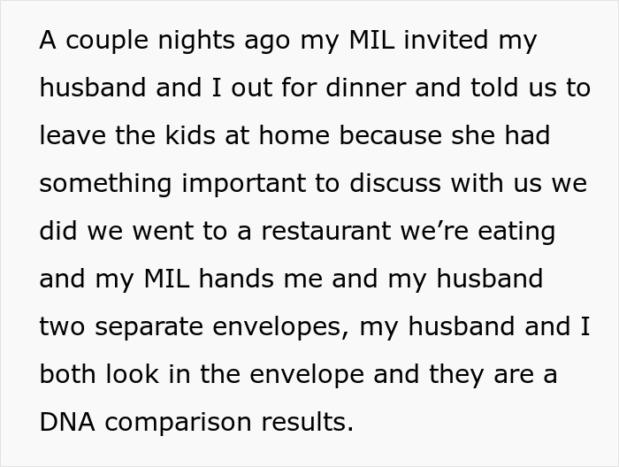MIL secretly DNA testing grandkid causes family conflict and unexpected reactions during a private dinner discussion.