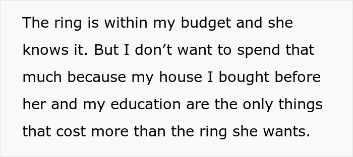 Text about a woman&rsquo;s dream ring with an $18,000 price, causing her fianc&eacute; to decide whether to pay or walk away.