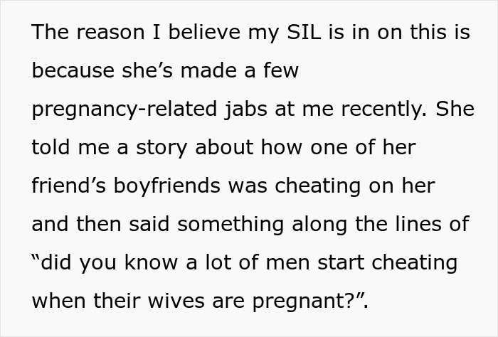 Text excerpt discussing sister-in-law's pregnancy-related jabs and story about cheating boyfriend during pregnancy.