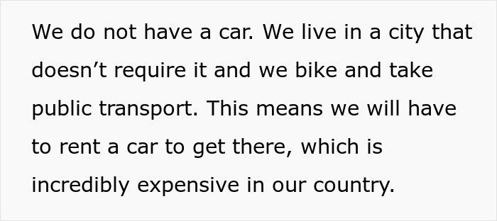 Text passage on a white background discussing living without a car in a city and the high cost of renting one in their country.