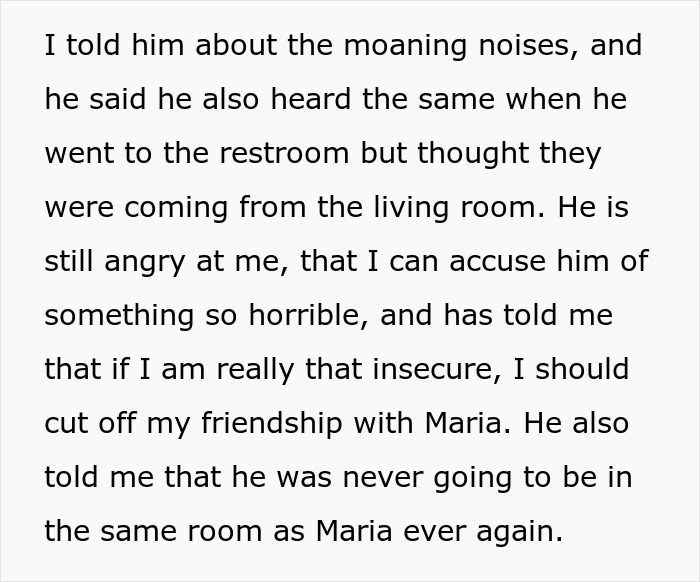 Text excerpt about hearing moaning noises causing wife to suspect something happened between hubby and bestie.