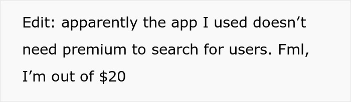 Text screenshot showing a message about a dating app and losing $20 without needing premium to search for users.