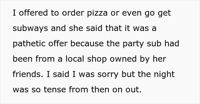 Text excerpt describing a tense moment involving eating a bigger share of a sandwich at a party.