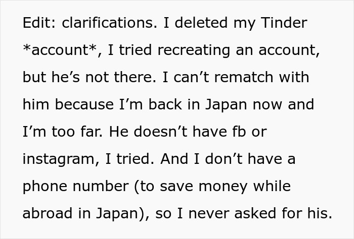 Woman explains deleting dating app after a perfect first date abroad, then realizing she has no way to contact him.