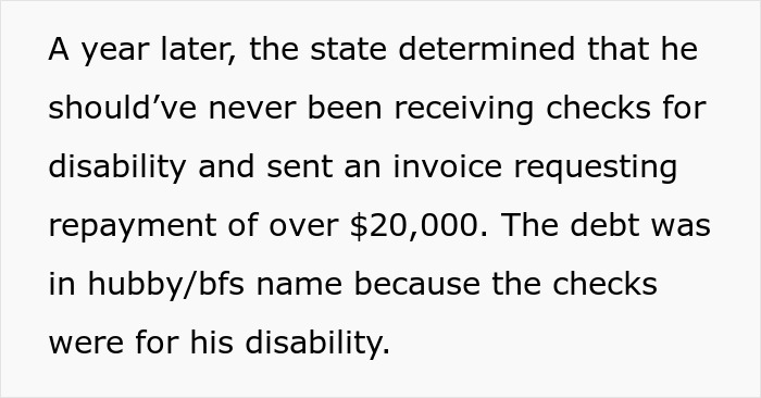 Text explaining a military spouse facing debt issues after the state requested repayment for disability checks.