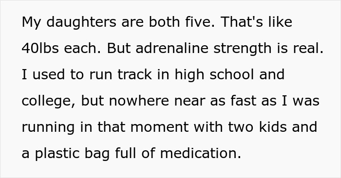 Wife running fast with twin girls near a fence being chased by a dog, showing adrenaline strength and urgency.