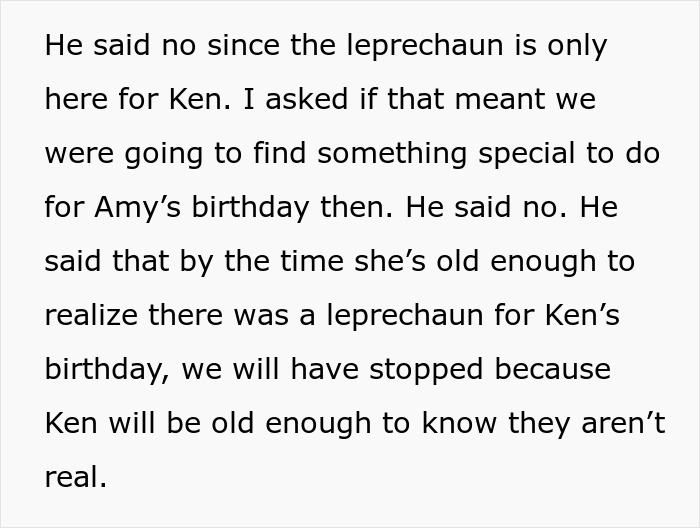 Text excerpt about a dad saying kids won't remember their birthdays, causing conflict over a small party.