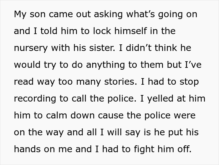 Text excerpt describing a chaotic family moment with baby screaming and son panicking while husband is asleep.