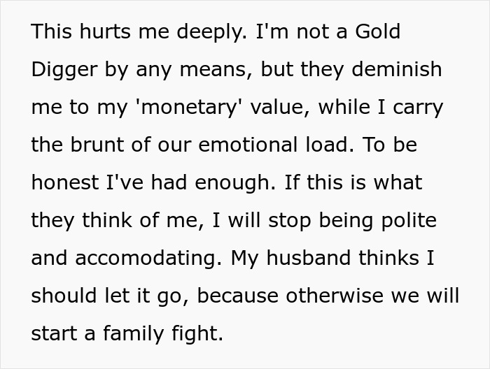 Text post expressing frustration about being valued only for money by in-laws, highlighting emotional burden and family conflict.