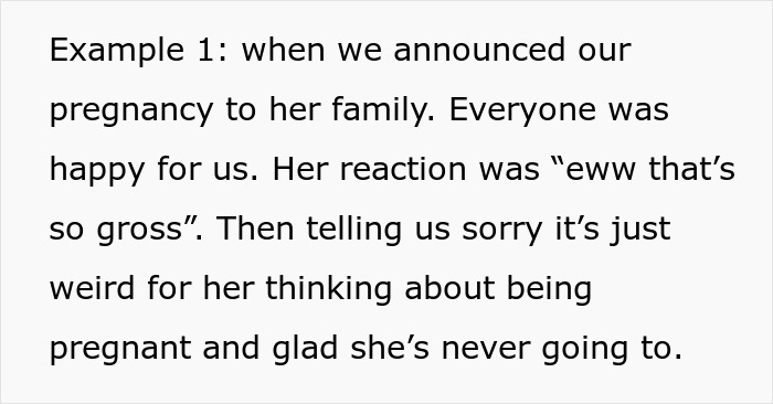 Text excerpt showing a rude reaction from a family member in a sil baby rude relationship scenario.