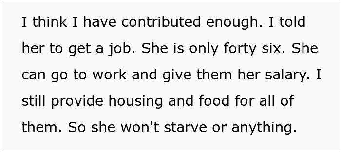 Text excerpt showing a husband's frustration as he tells his wife to get a job amid concerns about adult kids' luxury cars.