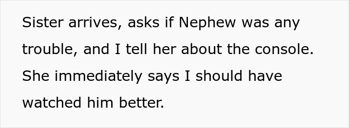 Text showing a sister asking about nephew&rsquo;s trouble and being told about the broken PS4 console incident.