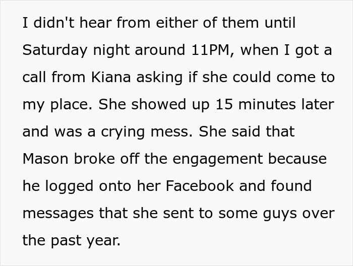 Text excerpt describing a cheater hiding a one night stand from her boyfriend and the resulting confrontation with a friend.