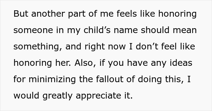 Text about the emotional struggle of changing a baby name secretly while pregnant and seeking advice on minimizing fallout.