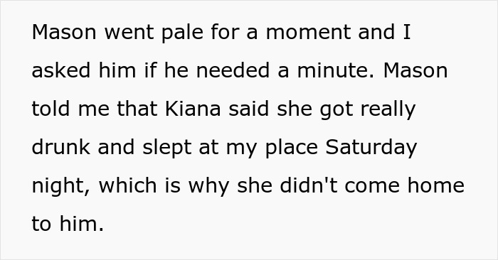 Text describing a cheater hiding a one night stand from her boyfriend while a friend threatens to expose her secret.