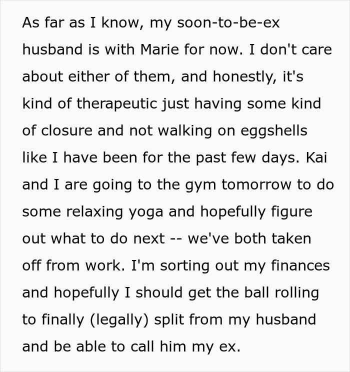 Text showing a woman describing her soon-to-be-ex husband as a horrible, cheating jerk while finding closure and planning next steps.