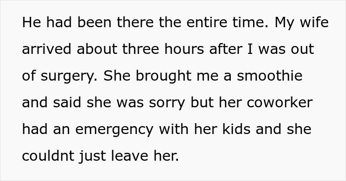 Text showing a personal story about a wife missing her hubby&rsquo;s surgery to support a coworker going through a divorce.