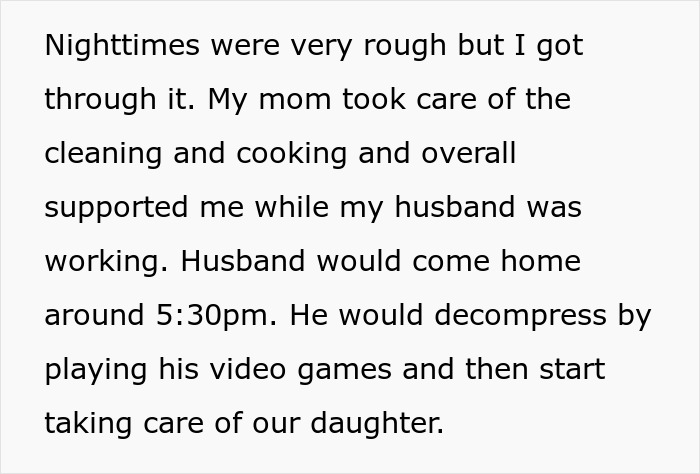 Text excerpt describing a man caring for his baby late at night while his mom worries he might be doing too much.
