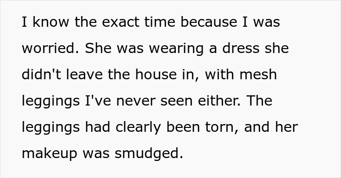 Text showing a husband describing his wife's torn leggings and smudged makeup after she admitted to cheating multiple times for variety.