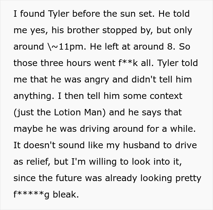 Text excerpt discussing a woman's suspicion about her husband being a horrible, cheating jerk, analyzing his behavior.