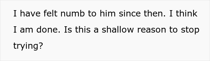 Text on a gray background expressing numbness and doubt about stopping trying in a troubled relationship involving mental health.