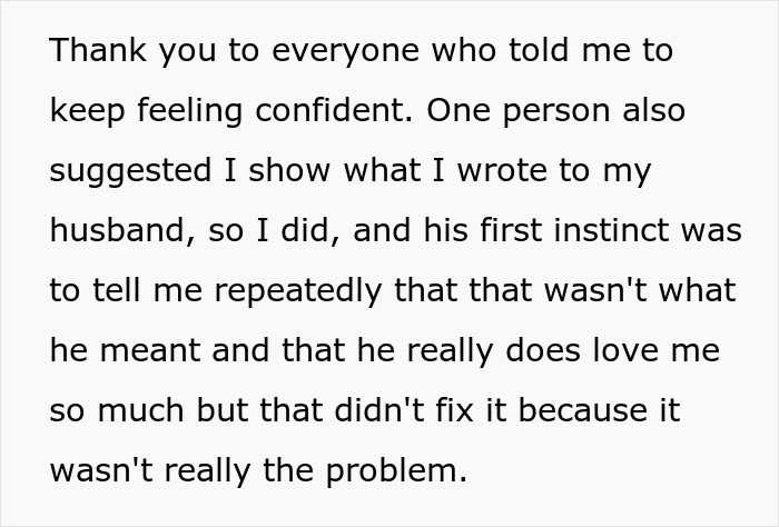 Text showing a wife feeling crushed after realizing her husband downgraded from gorgeous to kind and mentioned his ex was model pretty. Text showing a wife feeling crushed after realizing her husband downgraded from gorgeous to kind and mentioned his ex was model pretty.