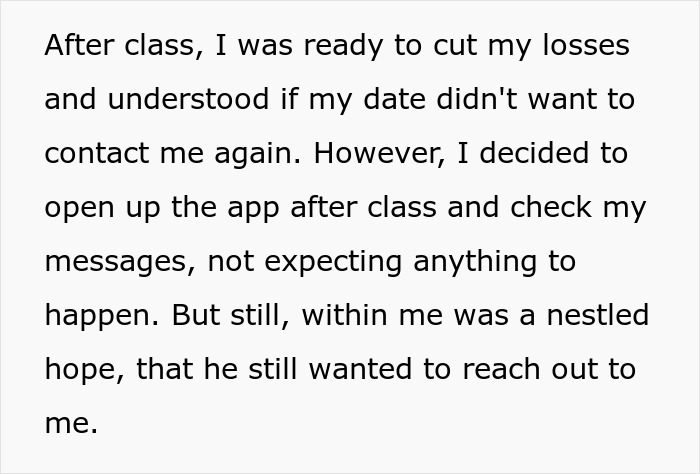 Text about a lady reflecting on her dating app messages after a perfect first date abroad, hoping to hear from him again.