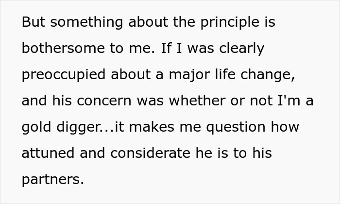 Text excerpt discussing feelings about a gold digger test situation and questioning partner&rsquo;s consideration and attitude.